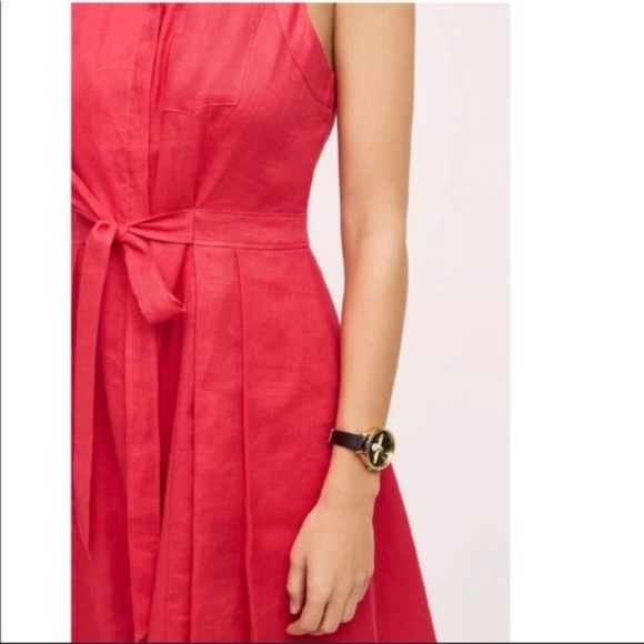 Anthro HD in Paris Pink Linen Belt Pleated Dress - Picture 2 of 5